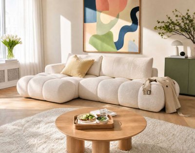 BEST MOBILIER Yulin - Canap&eacute; d'angle ouvert gauche 4 places convertible avec coffre en tissu bouclette