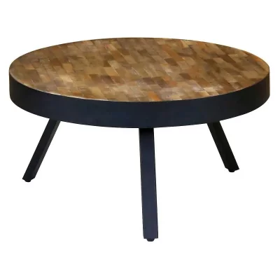 ZAGO Table basse teck recycl&eacute; et m&eacute;tal ronde &Oslash;76 cm Woody